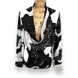 CHICME Vintage Y2K black and ivory abstract print deep plunge front blouse SZ S